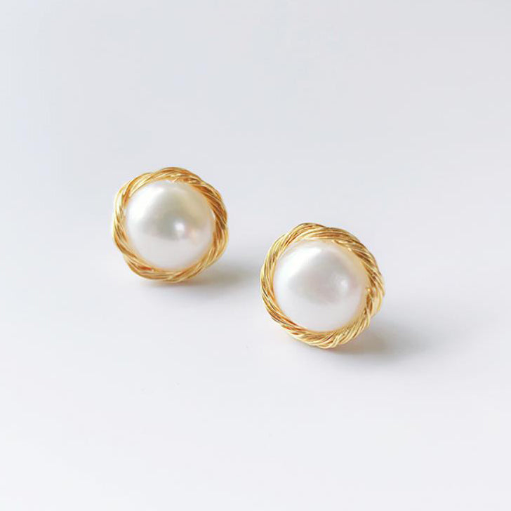 Hand Braided Pearl Stud Earrings