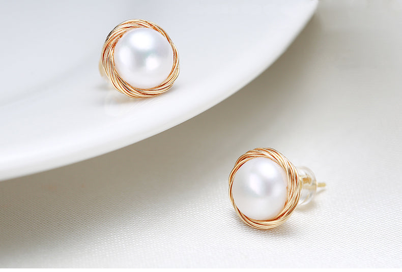 Hand Braided Pearl Stud Earrings