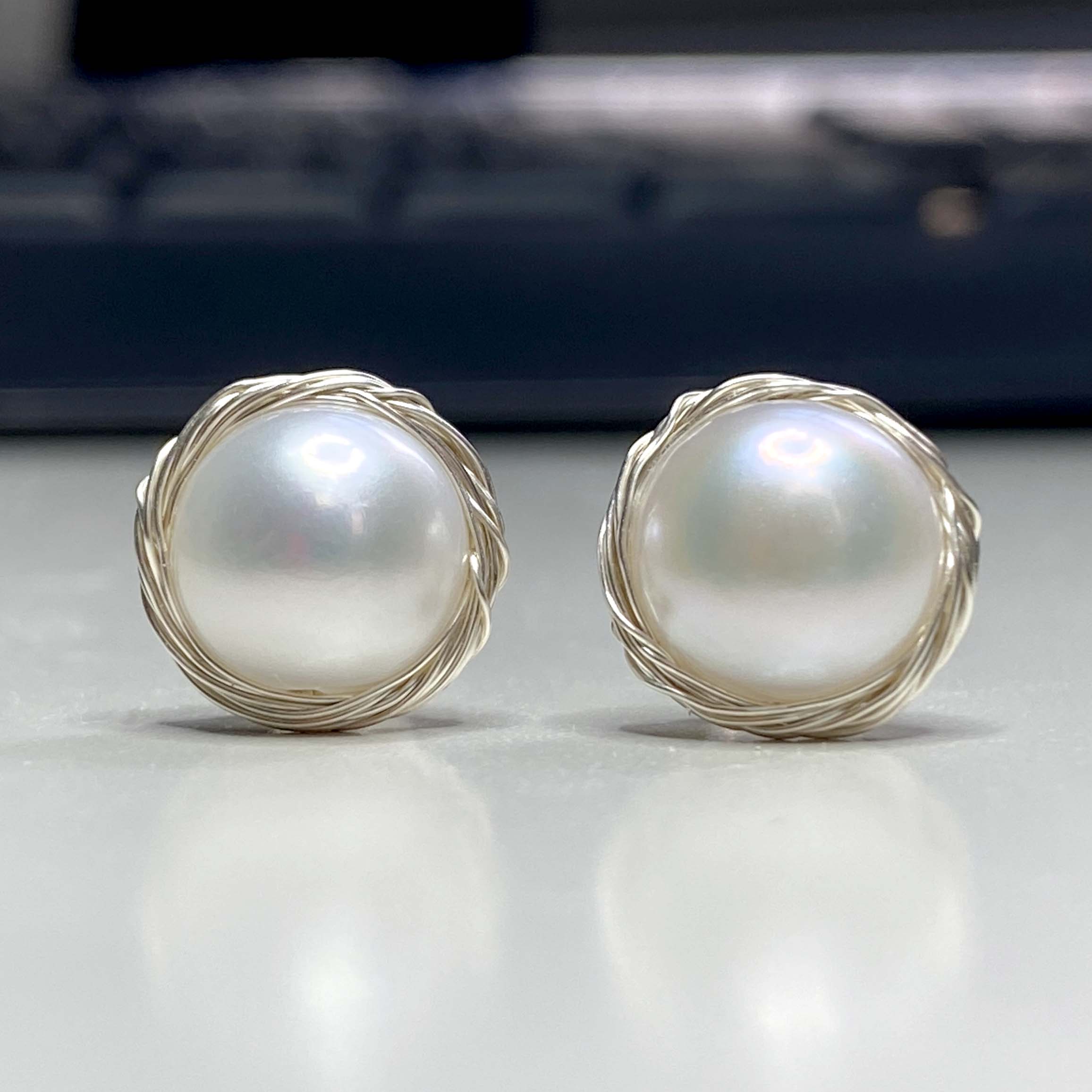 Hand Braided Pearl Stud Earrings